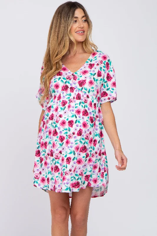 Maternity dress for a gender reveal party Ivory Floral Short Sleeve Babydoll Maternity Dress Maternity dress for a gender reveal party Ivory Floral Short Sleeve Babydoll Maternity Dress