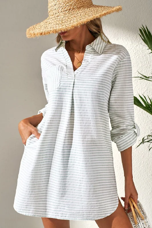   Striped Johnny Collar Long Sleeve Mini Shirt Dress