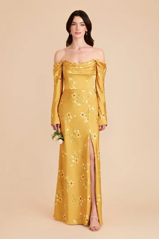 Maternity dress for a baby's first visit to the botanic garden Maya Matte Satin Dress - Marigold Le Fleur Maternity dress for a baby's first visit to the botanic garden Maya Matte Satin Dress - Marigold Le Fleur