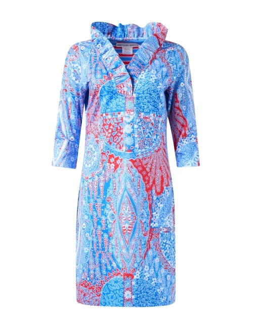 Everyday Dress with Backless Design for a Flirty Look Blue Multi Paisley Print Ruffle Neck Dress Everyday Dress with Backless Design for a Flirty Look Blue Multi Paisley Print Ruffle Neck Dress