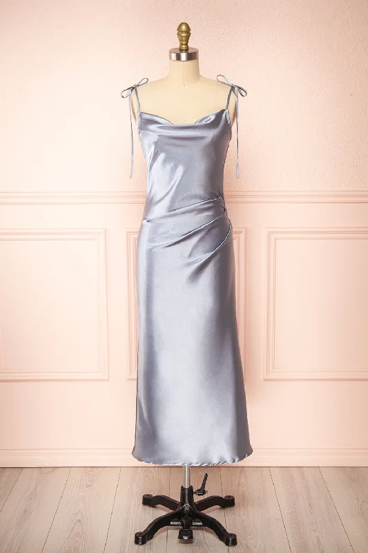 Midi dresses with asymmetric hems for a fashion - forward and dynamic appearance Elyse Blue | Cowl Neck Midi Dress Midi dresses with asymmetric hems for a fashion - forward and dynamic appearance Elyse Blue | Cowl Neck Midi Dress