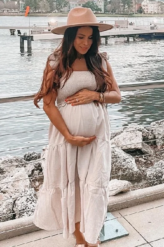 Maternity dress for a baby's first visit to the concert Beige Bow Strap Tiered Maternity Midi Dress Maternity dress for a baby's first visit to the concert Beige Bow Strap Tiered Maternity Midi Dress