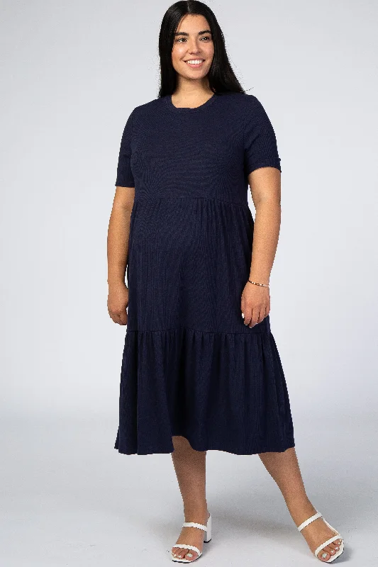 Maternity dress for a baby's first visit to the science center Navy Blue Ribbed Tiered Maternity Plus Dress Maternity dress for a baby's first visit to the science center Navy Blue Ribbed Tiered Maternity Plus Dress