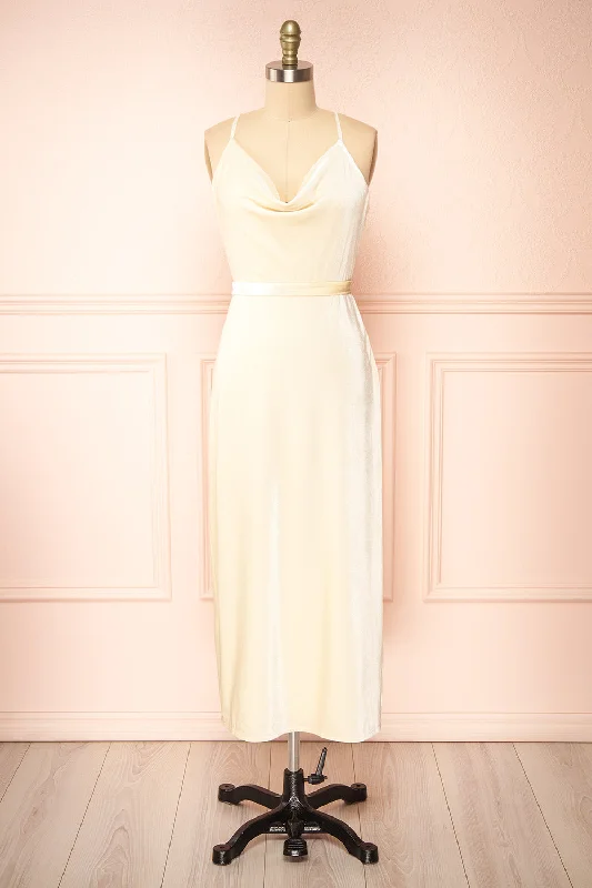 Wrap - style midi dresses in silk for a sophisticated office look Avianna | Ivory Velvet Cowl Neck Midi Dress Wrap - style midi dresses in silk for a sophisticated office look Avianna | Ivory Velvet Cowl Neck Midi Dress