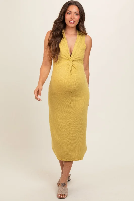 Maternity dress for a baby's first bus ride Lime Collared Sleeveless Twist Knit Maternity Midi Dress Maternity dress for a baby's first bus ride Lime Collared Sleeveless Twist Knit Maternity Midi Dress