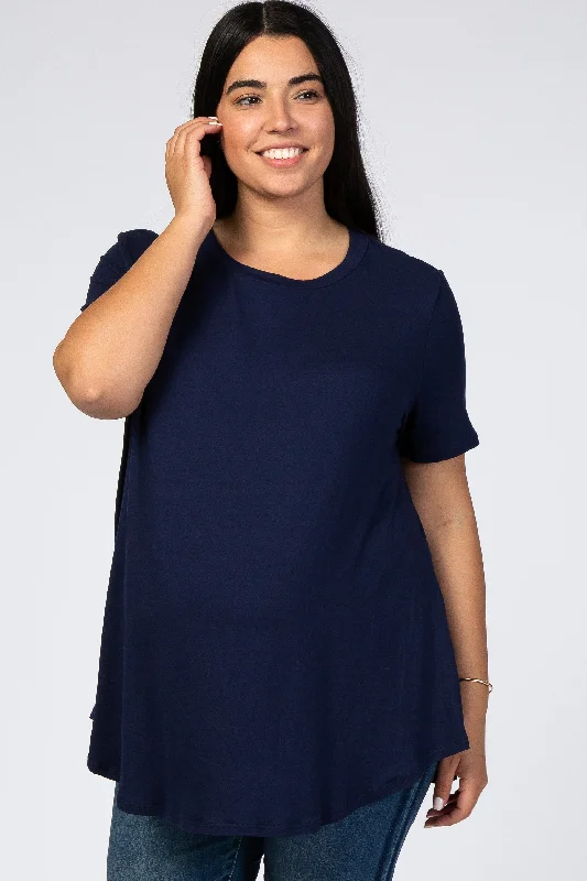 Maternity dress for a baby's first visit to the community garden Navy Blue Round Hem Short Sleeve Maternity Plus Top Maternity dress for a baby's first visit to the community garden Navy Blue Round Hem Short Sleeve Maternity Plus Top