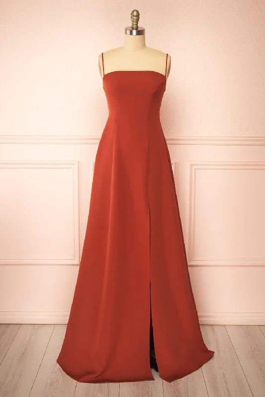 Midi dresses with ruffled hems for a romantic date night Estella Rust | Maxi A-line Dress w/ Slit Midi dresses with ruffled hems for a romantic date night Estella Rust | Maxi A-line Dress w/ Slit