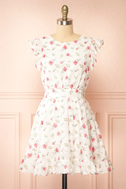 Midi dresses with button - down skirts for a unique and functional design Prunne | Short White Floral Dress w/ Open Back Midi dresses with button - down skirts for a unique and functional design Prunne | Short White Floral Dress w/ Open Back