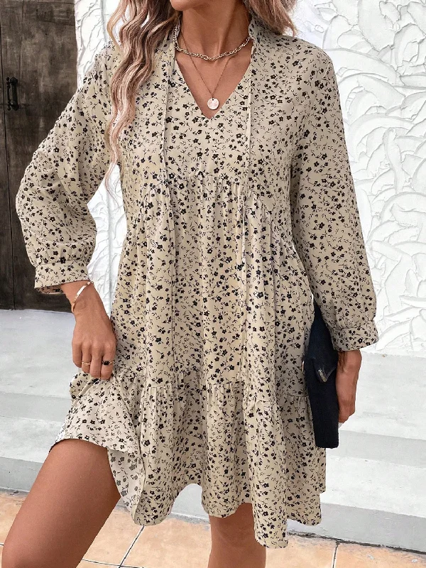 Everyday Dress with Spaghetti Straps for a Delicate Look Khaki Tied Printed Mini Dress with Long Sleeve Everyday Dress with Spaghetti Straps for a Delicate Look Khaki Tied Printed Mini Dress with Long Sleeve