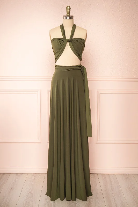 Midi dresses with puff sleeves for a vintage - inspired look Violaine Khaki | Convertible Maxi Dress Midi dresses with puff sleeves for a vintage - inspired look Violaine Khaki | Convertible Maxi Dress