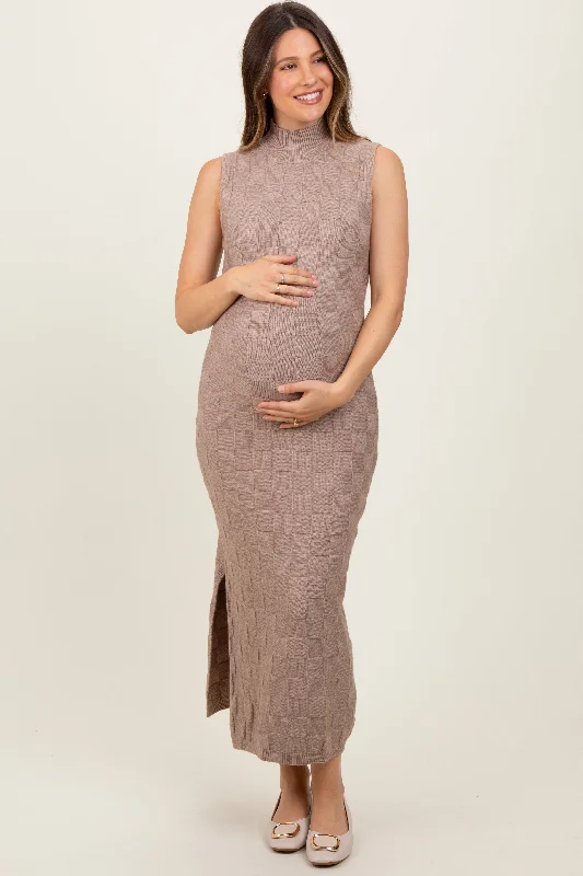 Maternity dress for a baby's first visit to the winery Mocha Checkered Knit Mock Neck Side Slit Maternity Maxi Dress Maternity dress for a baby's first visit to the winery Mocha Checkered Knit Mock Neck Side Slit Maternity Maxi Dress