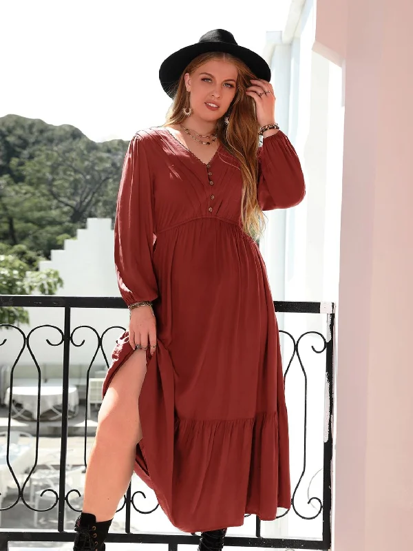 Everyday Maxi Dress with Floral Print Everyday Corduroy Dress in Autumn Colors Rusty Red Quarter Button V-Neck Long Sleeve Dress-Plus Size Everyday Maxi Dress with Floral Print Everyday Corduroy Dress in Autumn Colors Rusty Red Quarter Button V-Neck Long Sleeve Dress-Plus Size