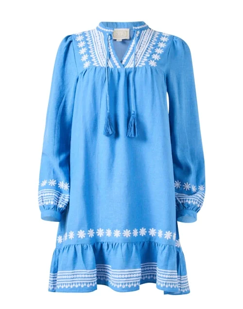 Everyday Dress with Stretch - knit Fabric for Easy Movement Marina Blue and White Embroidered Dress Everyday Dress with Stretch - knit Fabric for Easy Movement Marina Blue and White Embroidered Dress