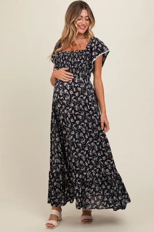 Maternity dress for a mountain getaway Black Floral Smocked Crochet Trim Maternity Dress Maternity dress for a mountain getaway Black Floral Smocked Crochet Trim Maternity Dress