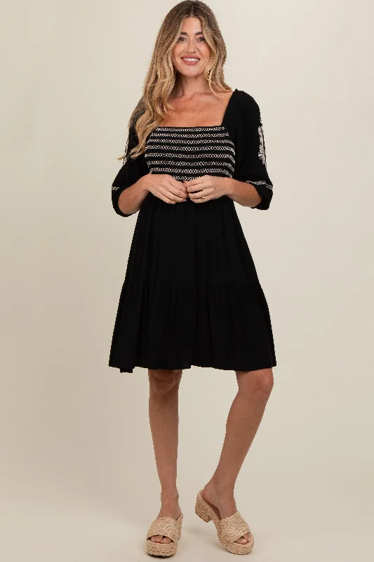 Maternity dress for a brunch with friends Black Smocked Embroidered Damask Maternity Dress Maternity dress for a brunch with friends Black Smocked Embroidered Damask Maternity Dress