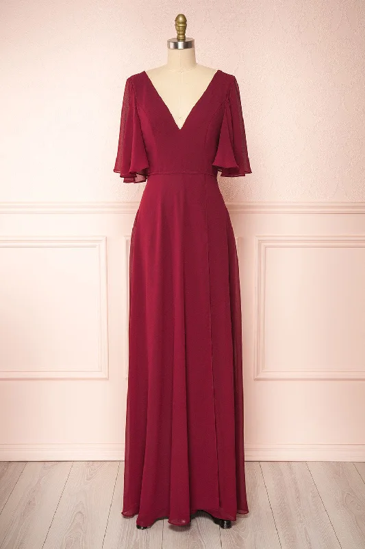 Midi dresses with button - front designs for a classic touch Adelphia Burgundy | V-Neck Chiffon Maxi Dress