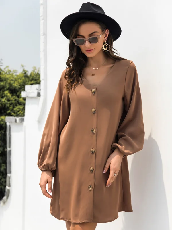   New Autumn  Mini Buttoned Dress with V-Neck & Long Sleeves