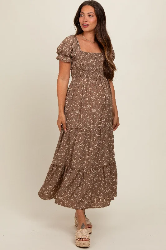 Maternity dress for a baby's first visit to the circus Mocha Floral Short Sleeve Maternity Maxi Dress Maternity dress for a baby's first visit to the circus Mocha Floral Short Sleeve Maternity Maxi Dress