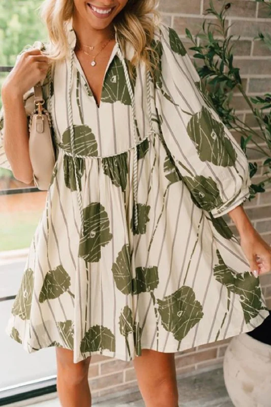   Printed Tie Neck Three-Quarter Sleeve Mini Dress
