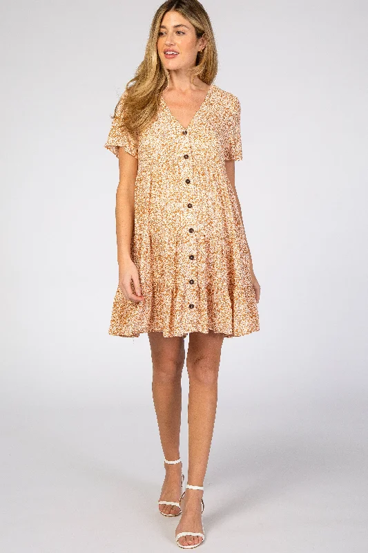 Maternity dress for a baby's first visit to the planetarium Orange Floral Ruffle Tiered Button Front Maternity Dress Maternity dress for a baby's first visit to the planetarium Orange Floral Ruffle Tiered Button Front Maternity Dress