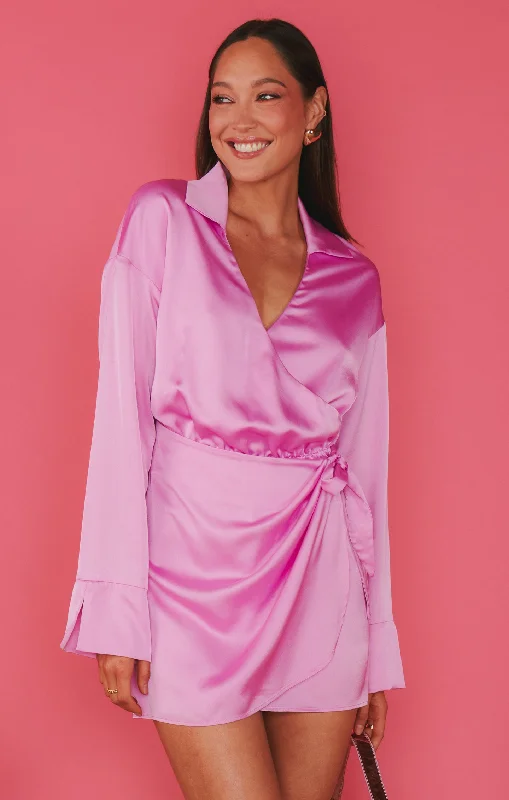 Mini dresses with beaded embellishments for a fancy event Clara Collared Mini Dress ~ Purple Pink Luxe Satin Mini dresses with beaded embellishments for a fancy event Clara Collared Mini Dress ~ Purple Pink Luxe Satin