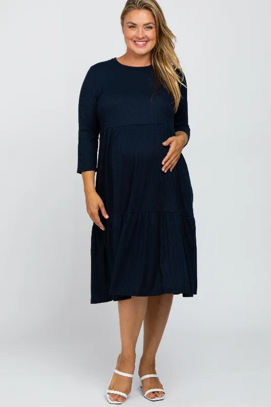 Maternity lace dress for a romantic look Navy Tiered Ribbed 3/4 Sleeve Plus Maternity Midi Dress Maternity lace dress for a romantic look Navy Tiered Ribbed 3/4 Sleeve Plus Maternity Midi Dress