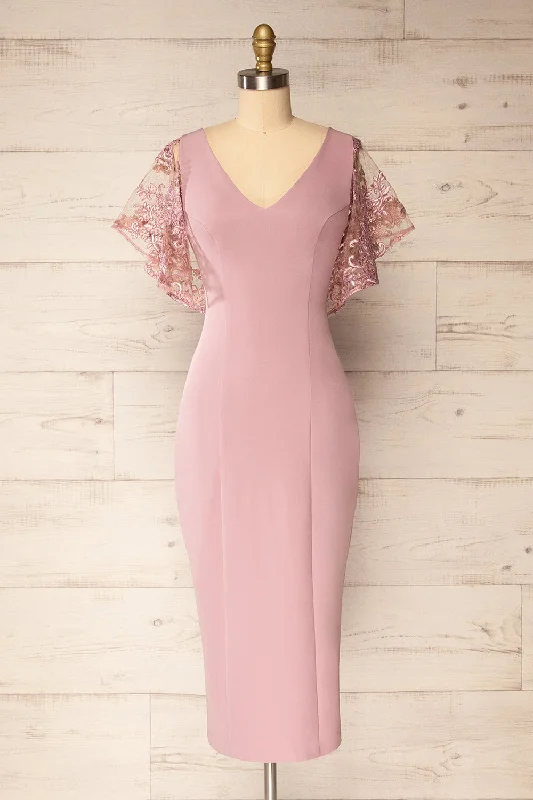 Midi dresses with fringe details for a fun and energetic style Myrania Mauve | Fitted Midi Dress w/ Embroidered Sleeves