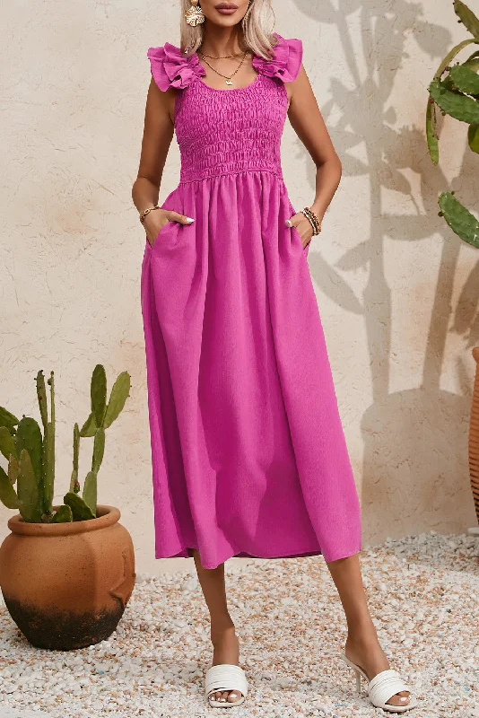 Everyday Dress with Removable Accessories for Customization​ Everyday Dress with Beaded Embellishments for a Luxurious Look​ Smocked Ruffled Scoop Neck Midi Dress