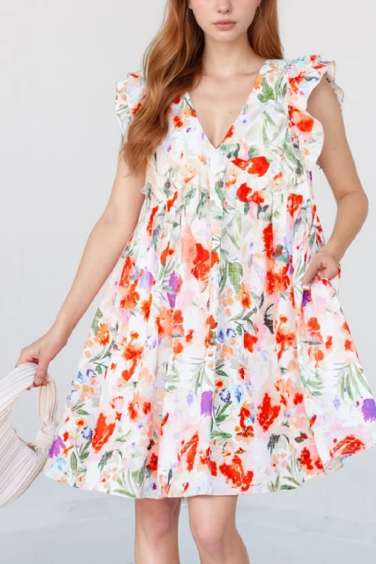 Everyday Dress with Paisley Print for a Vintage Look  Floral Double Ruffle Sleeve V Neck Mini Dress