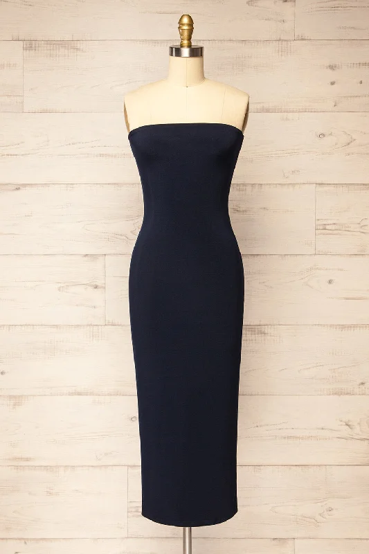 Midi dresses with abstract art prints for an artistic statement Victorya Navy | Strapless Fitted Midi Dress Midi dresses with abstract art prints for an artistic statement Victorya Navy | Strapless Fitted Midi Dress