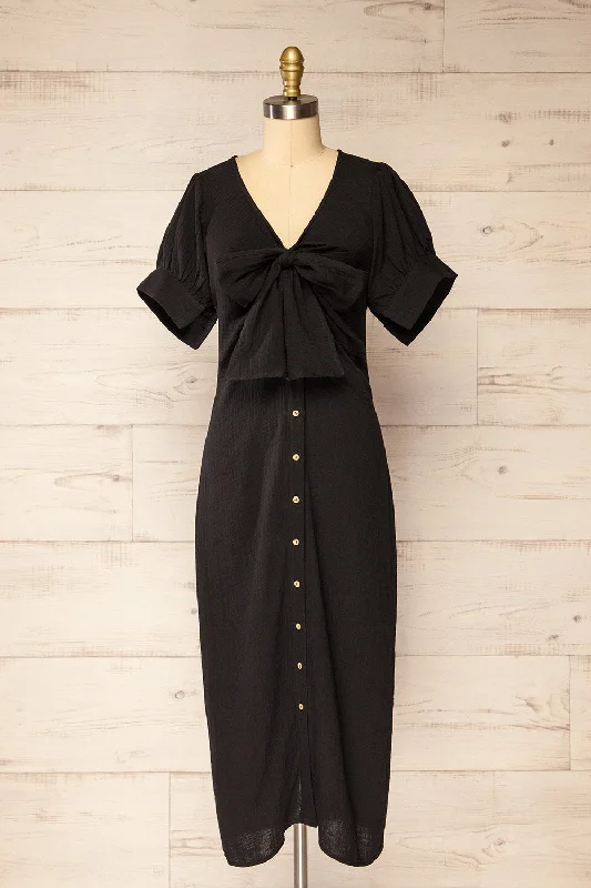 Midi dresses with puff sleeves for a vintage - inspired look Maelle Black | Midi Shirt Dress w/ Tied Neckline Midi dresses with puff sleeves for a vintage - inspired look Maelle Black | Midi Shirt Dress w/ Tied Neckline
