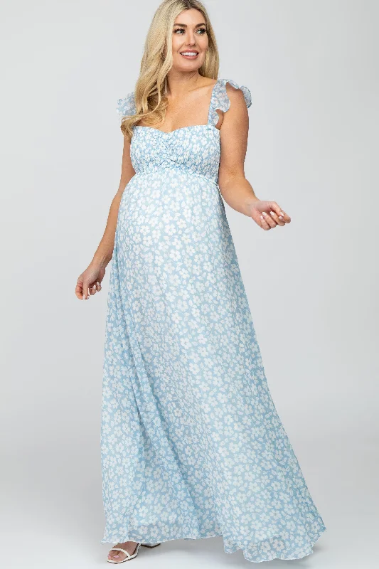 Maternity dress for a baby's first visit to the amusement park Light Blue Floral Chiffon Sweetheart Neck Off Shoulder Maternity Maxi Dress Maternity dress for a baby's first visit to the amusement park Light Blue Floral Chiffon Sweetheart Neck Off Shoulder Maternity Maxi Dress