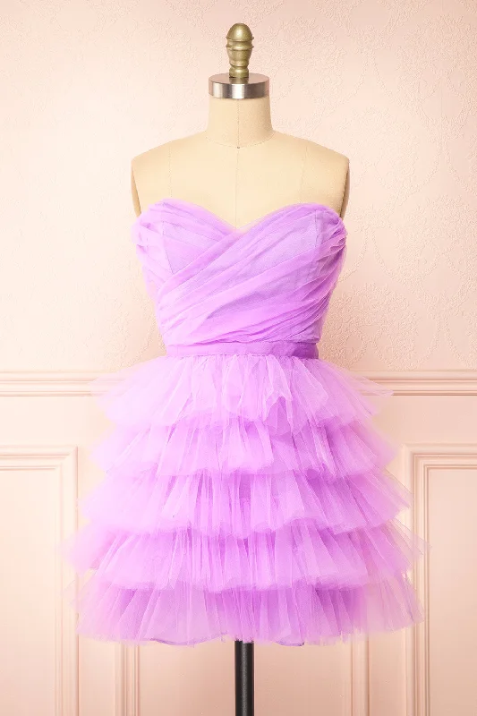 Midi dresses with pleated skirts for a timeless and elegant appeal Myrah Lavender | Strapless Tiered Tulle Short Dress Midi dresses with pleated skirts for a timeless and elegant appeal Myrah Lavender | Strapless Tiered Tulle Short Dress