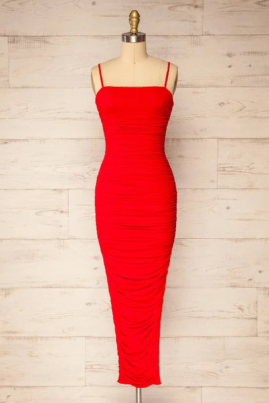 Wrap - style midi dresses in silk for a sophisticated office look Yurtof Red | Fitted Ruched Midi Dress Wrap - style midi dresses in silk for a sophisticated office look Yurtof Red | Fitted Ruched Midi Dress