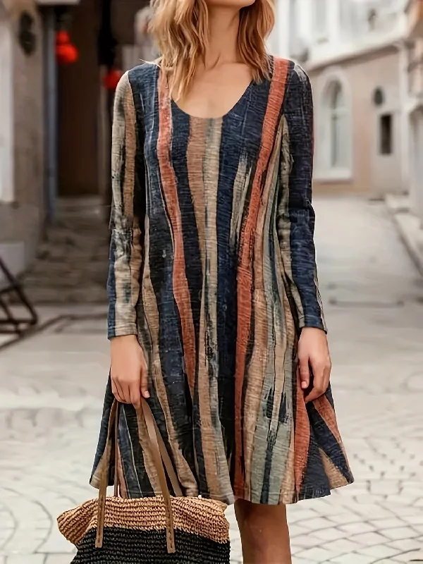   Romantic Earthy Tones Contrast Stripes Mini Dress with  Long Sleeve