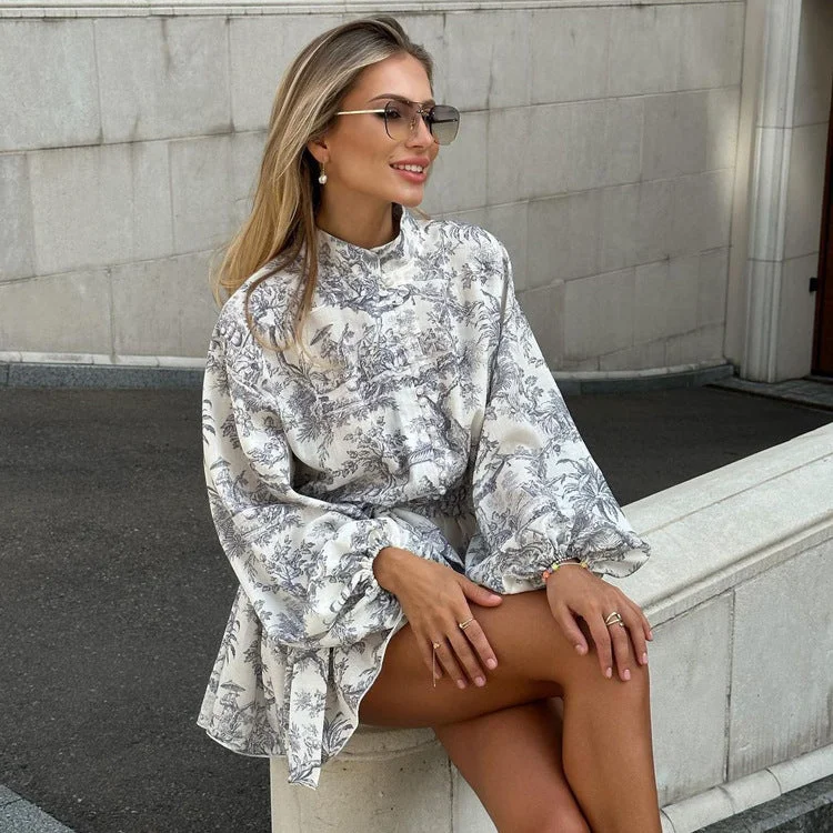   Lapel Tie Stand-up Collar  Short Dress  with Long Puffy Sleeve  Sleeve