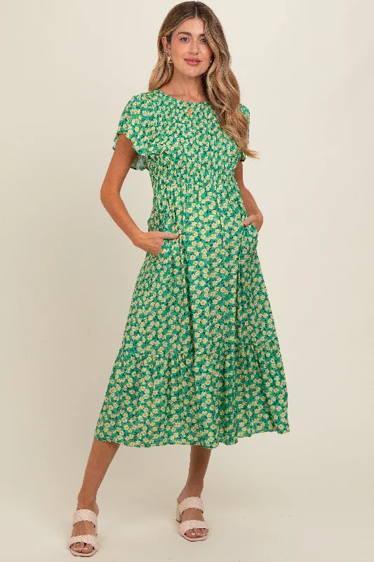 Maternity dress for a garden party Green Floral Smocked Maternity Midi Dress