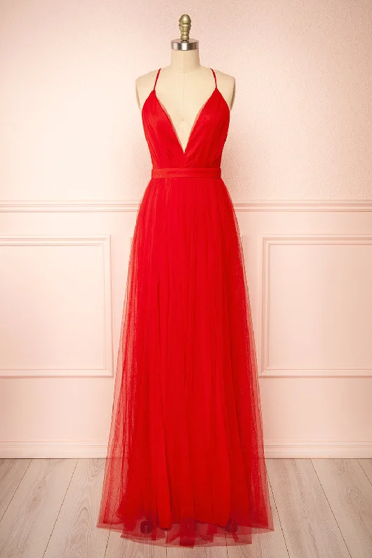 Midi dresses with lace - up fronts for a unique and adjustable style Ilaria Red | Tulle Gown w/ Plunging Neckline Midi dresses with lace - up fronts for a unique and adjustable style Ilaria Red | Tulle Gown w/ Plunging Neckline