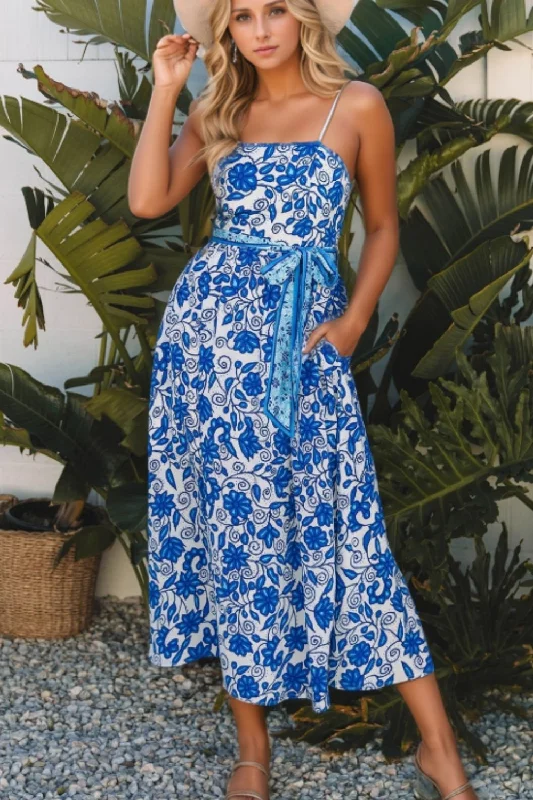   Floral Printed Spaghetti Strap Maxi Dress with Waist Tie