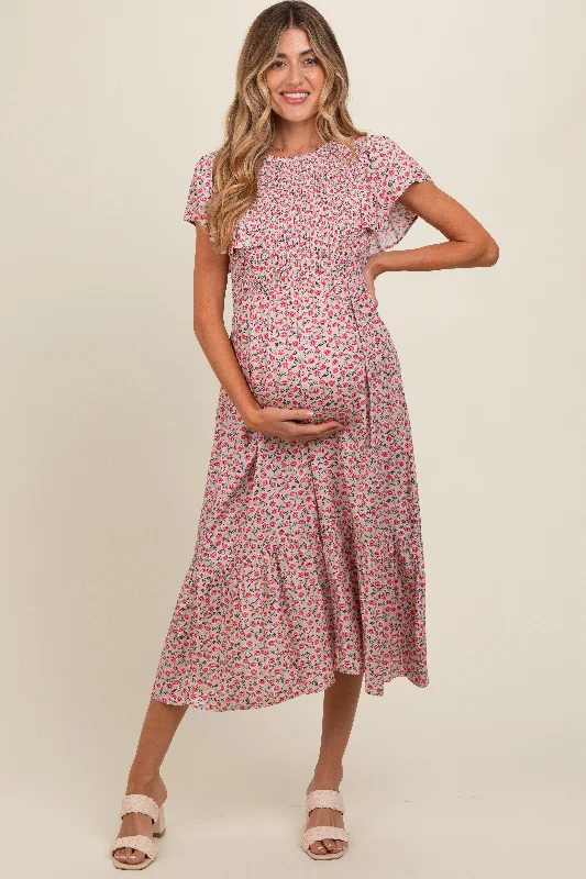 Maternity dress for a baby's first swim Beige Floral Smocked Maternity Midi Dress