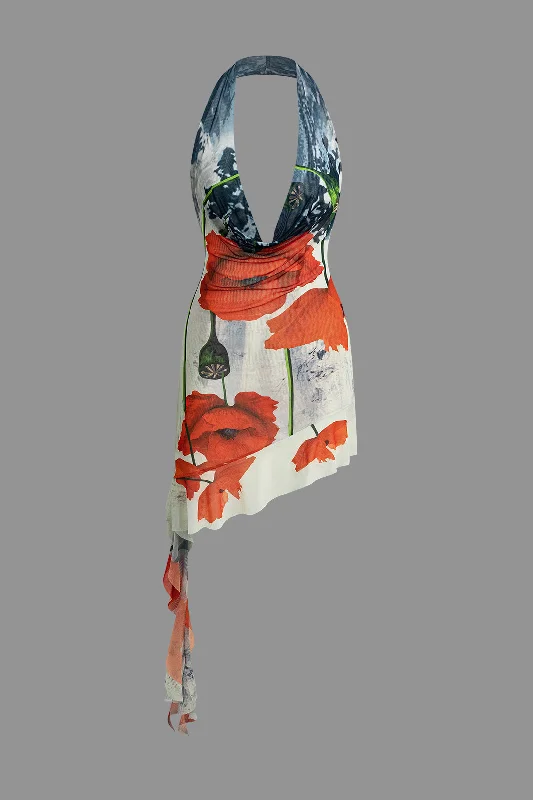 Mini dresses with high - low hems for a modern twist Floral Print Ruffle Backless V-neck Halter Mini Dress Mini dresses with high - low hems for a modern twist Floral Print Ruffle Backless V-neck Halter Mini Dress