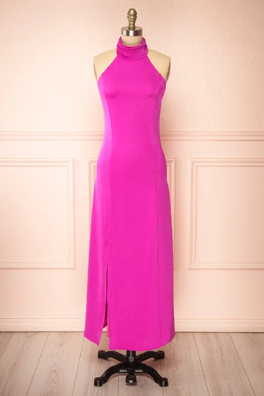 Midi dresses with keyhole backs for a flirty and unexpected detail Tirielle | Long Fuchsia Satin Dress w/ Slit Midi dresses with keyhole backs for a flirty and unexpected detail Tirielle | Long Fuchsia Satin Dress w/ Slit