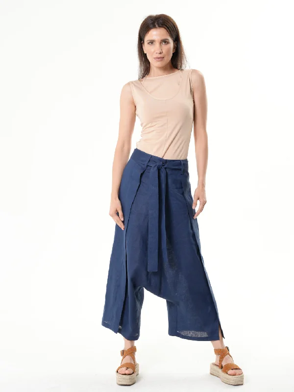 Linen Drop-Crotch Pants In Blue