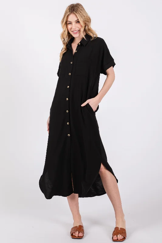 anti - bacteria women nursing braBlack Button Down Front Pocket Midi Dress
