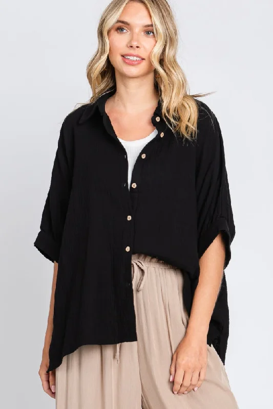 sleep - friendly women nursing braBlack Gauze Double Layered Button Up Top