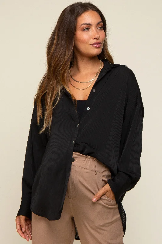 travel friendly women nursing braBlack Striped Silky Maternity Button Down Blouse