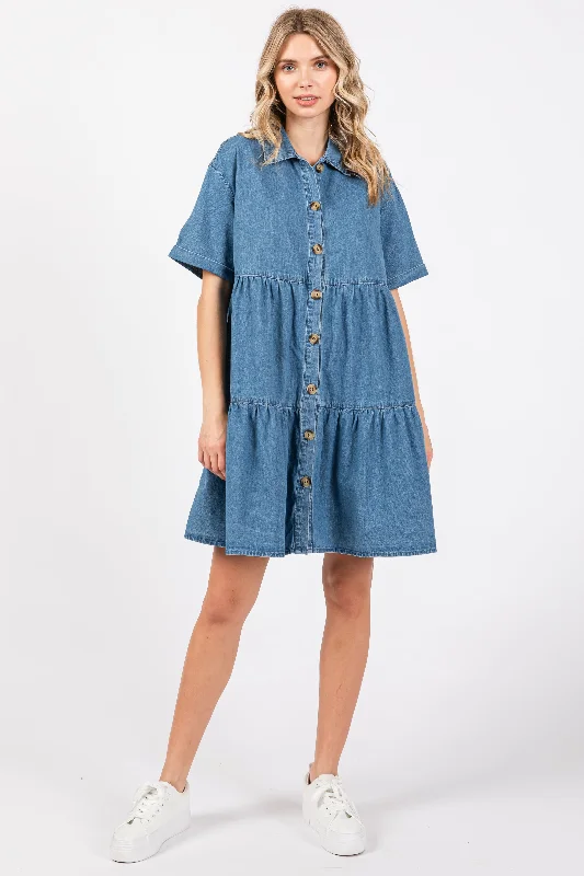moisture wicking women nursing braBlue Denim Button Down Tiered Dress