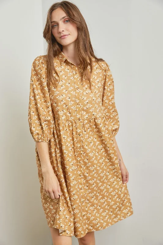quick dry women nursing braCamel Floral Button Front 3/4 Sleeve Dress