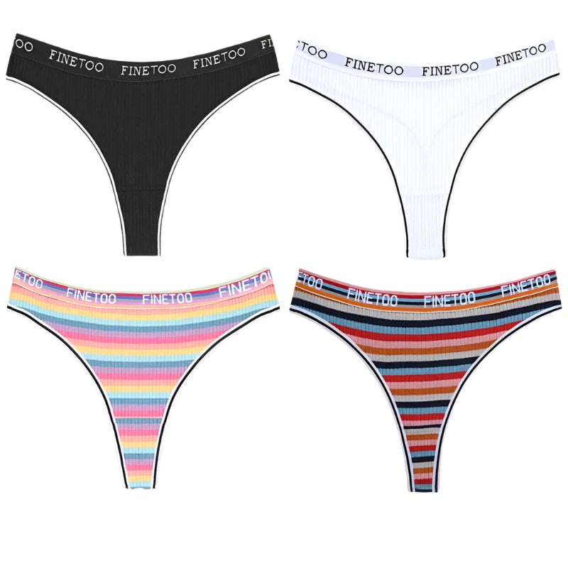 FINETOO Comfort-Fit Cotton Thongs: 4-Pack Seamless Striped + Black + White Women’s Underwear