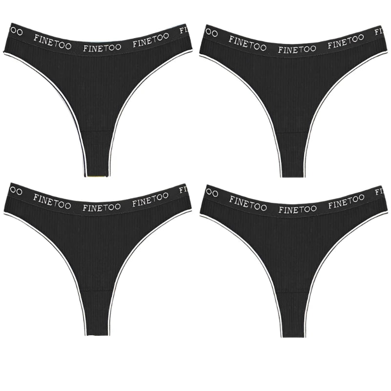 FINETOO Stylish Women’s Thong Set: 4 Black Seamless Cotton Underwear